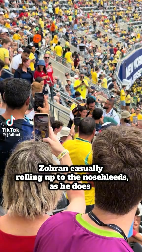 NYC Mayor Zohran Mamdani sitting in the nosebleeds with the people for the Norway vs Brazil game