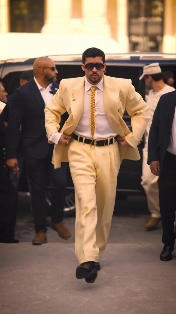 Bad Bunny wearing a custom Schiaparelli look for the Haute Couture Fall/Winter 2026–2027 show in Paris
