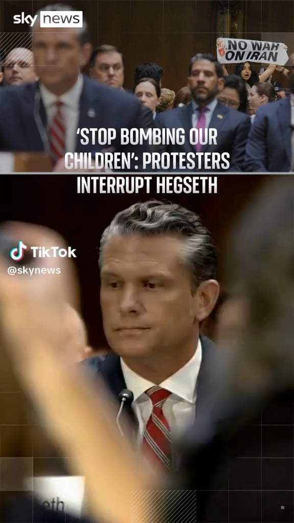 Protestors to Pete Hegseth at his senate hearing: "Stop bombing our children in Iran and Palestine - this is illegal." There has been four interruptions so far