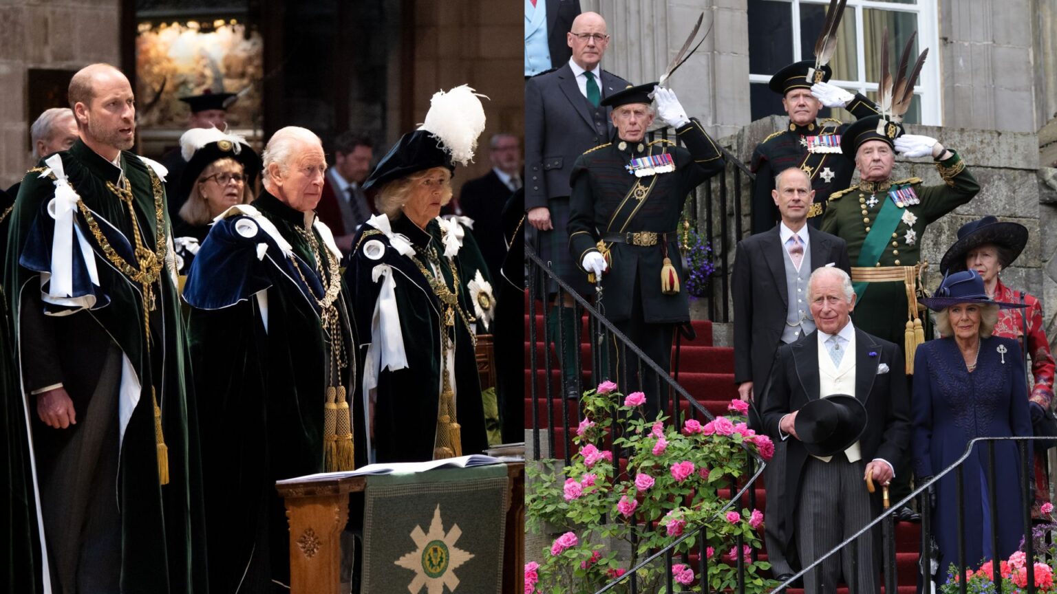 A Split image of Prince William, King Charles and Queen Camilla and the Royal Family standing on a staircase