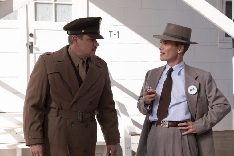 This image released by Universal Pictures shows Matt Damon as Gen. Leslie Groves, left, and Cillian Murphy as J. Robert Oppenheimer in a scene from "Oppenheimer." (Universal Pictures via AP)