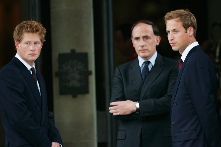 LONDON, ENGLAND - AUGUST 31: Prince William and Prince Harry with their Private Secretary Jamie Lowther-Pinkerton at the 10th Anniversary Memorial Service For Diana, Princess of Wales at Guards Chapel at Wellington Barracks on August 31, 2007 in London, England. (Photo by Tim Graham Photo Library via Getty Images)