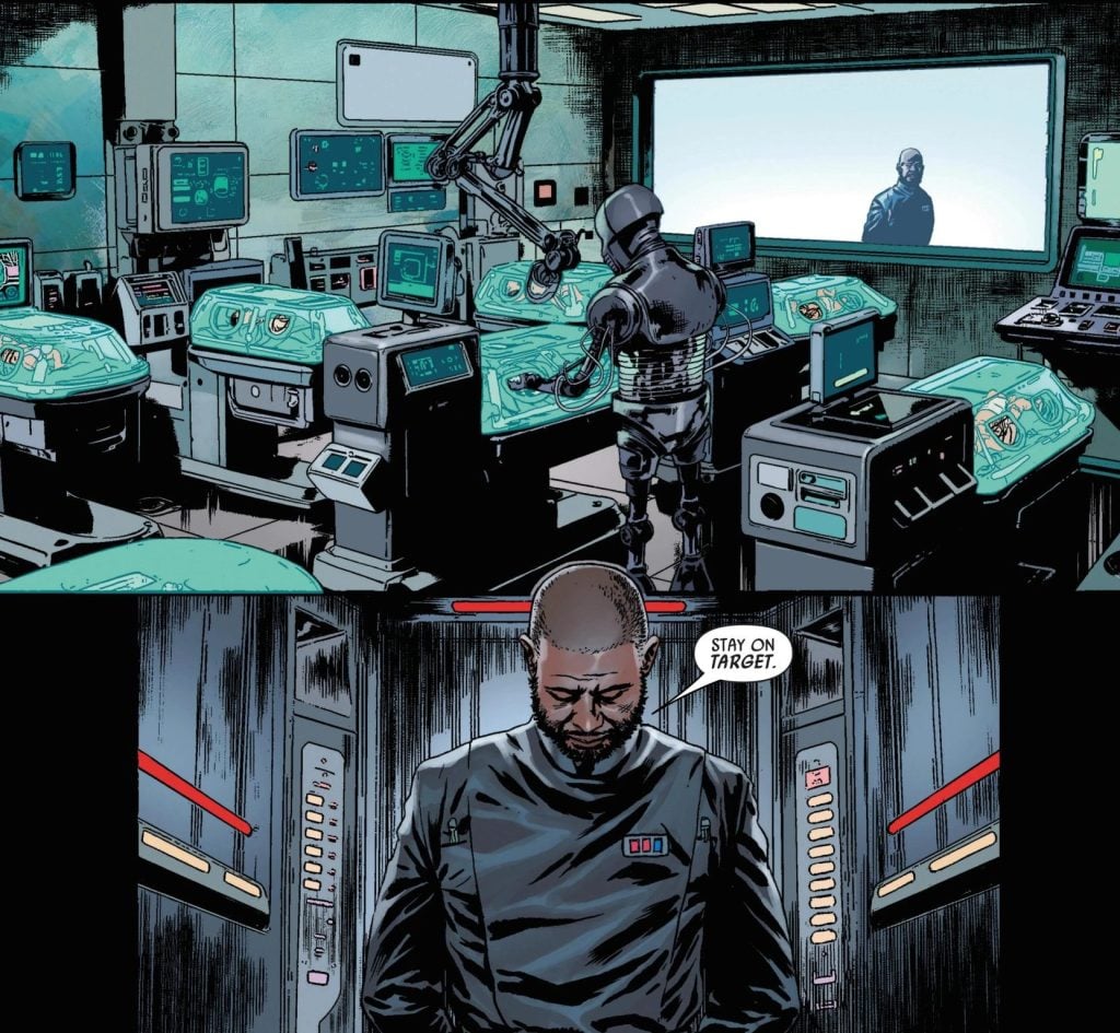 Saw Gerrera takes a moment to look at newborn babies in a hospital ward