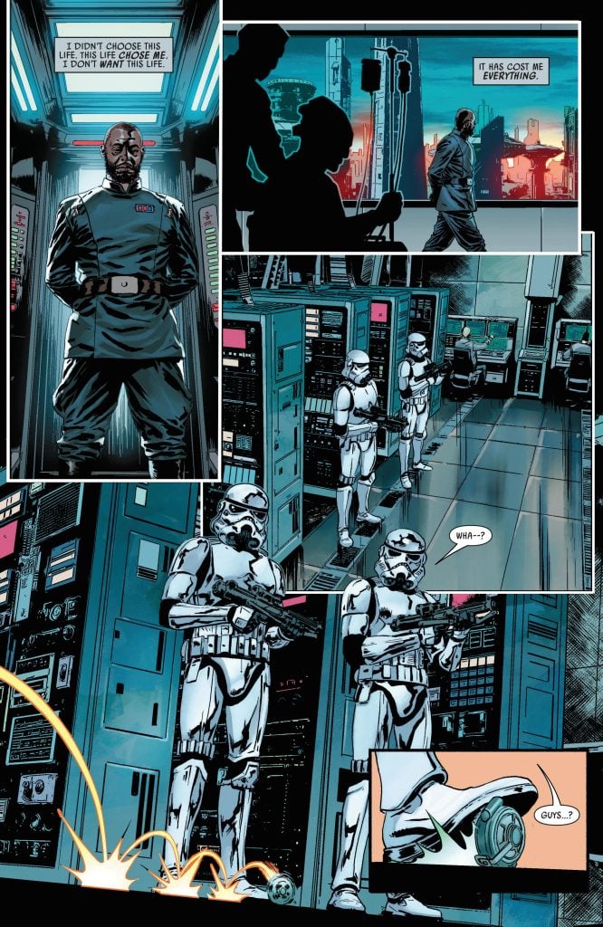 Saw Gerrera tosses a smoke grenade at stormtroopers