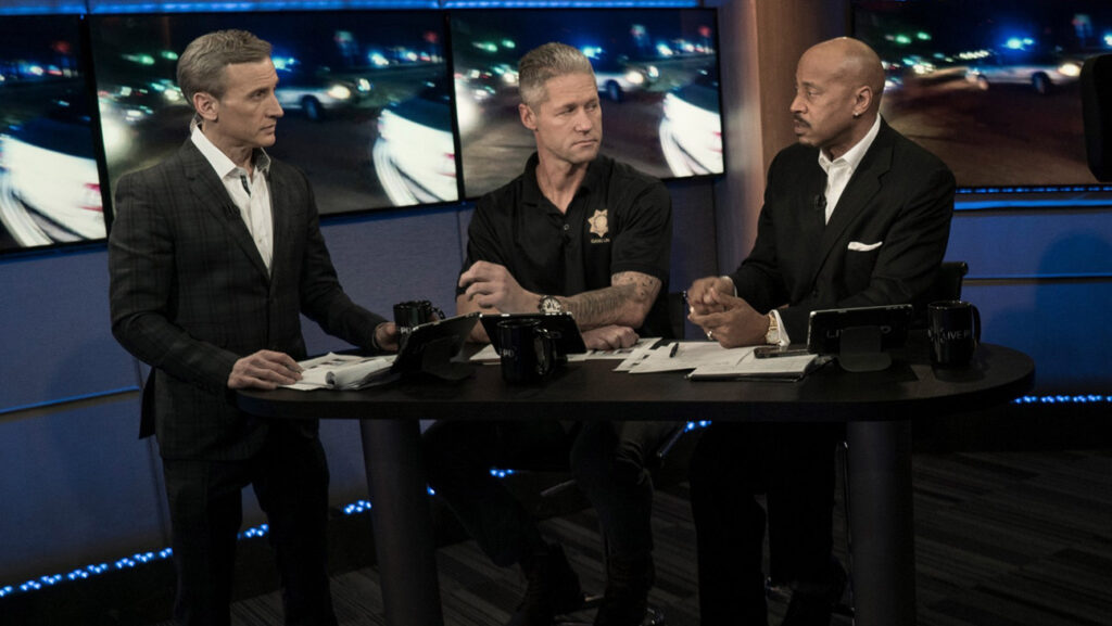 Live PD, from left: host Dan Abrams, guest analyst Sean 'Sticks' Larkin, analyst Tom Morris Jr., (2017).