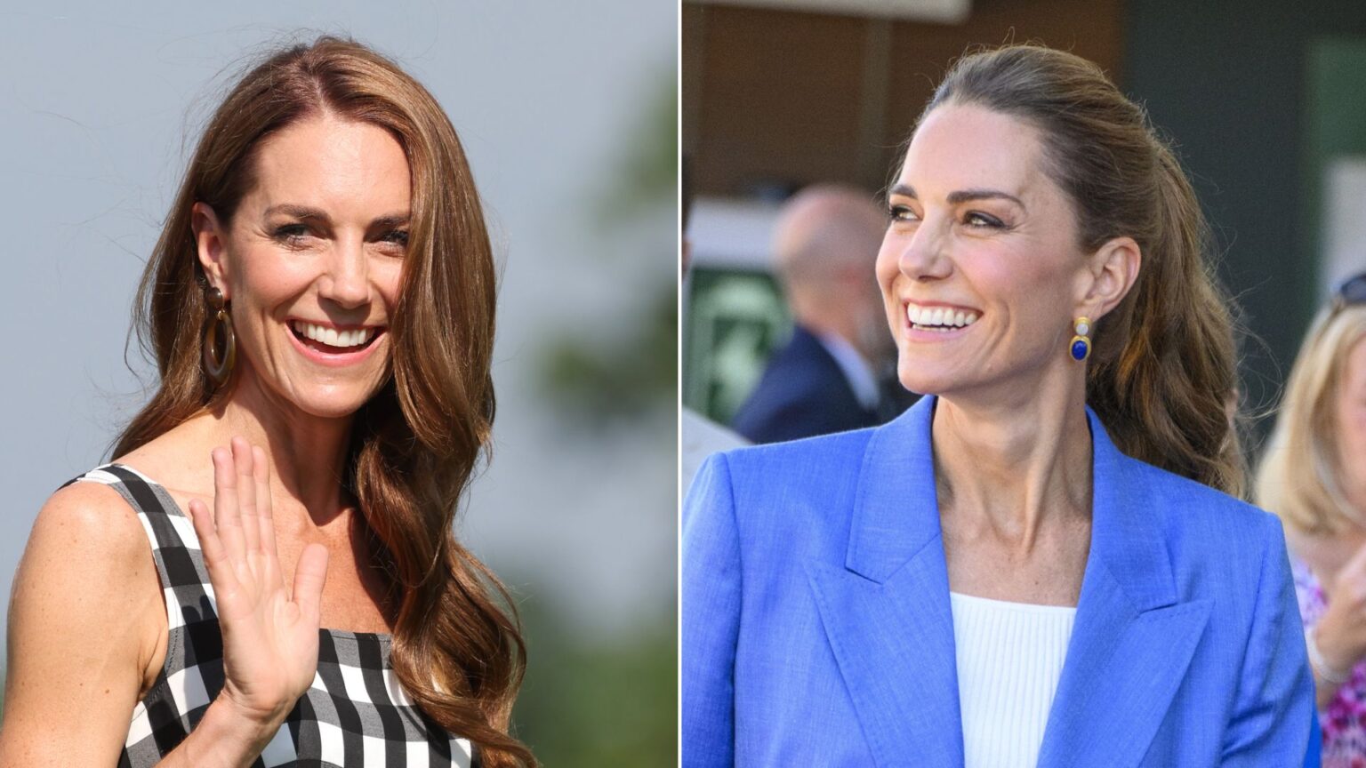 Princess Kate wears a gingham dress and has long beachy waves in her long brown hair