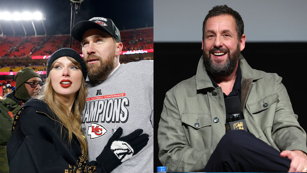 Andy Reid Shares Adam Sandler’s Advice for Taylor Swift & Travis Kelce Taylor Swift, Travis Kelce and Adam Sandler.