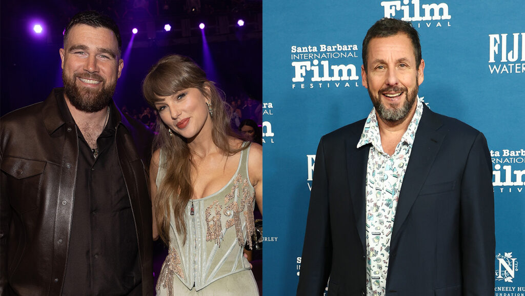 Adam Sandler ‘Honored’ to Officiate Taylor Swift, Travis Kelce Wedding Travis Kelce, Taylor Swift and Adam Sandler.