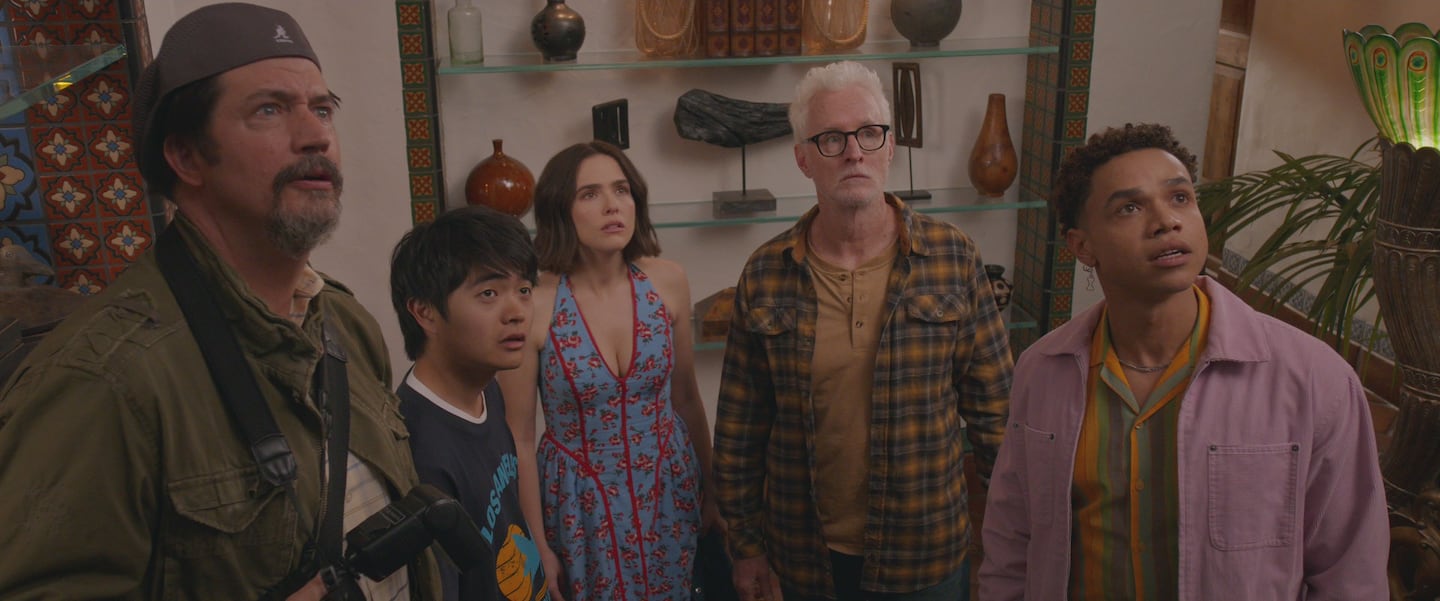Ken Marino as Vincent, Ben Wang as Caleb, Zoey Deutch as Gail Daughtry, John Slattery as himself, and Miles Gutierrez-Riley as Otto in "Gail Daughtry and the Celebrity Sex Pass."