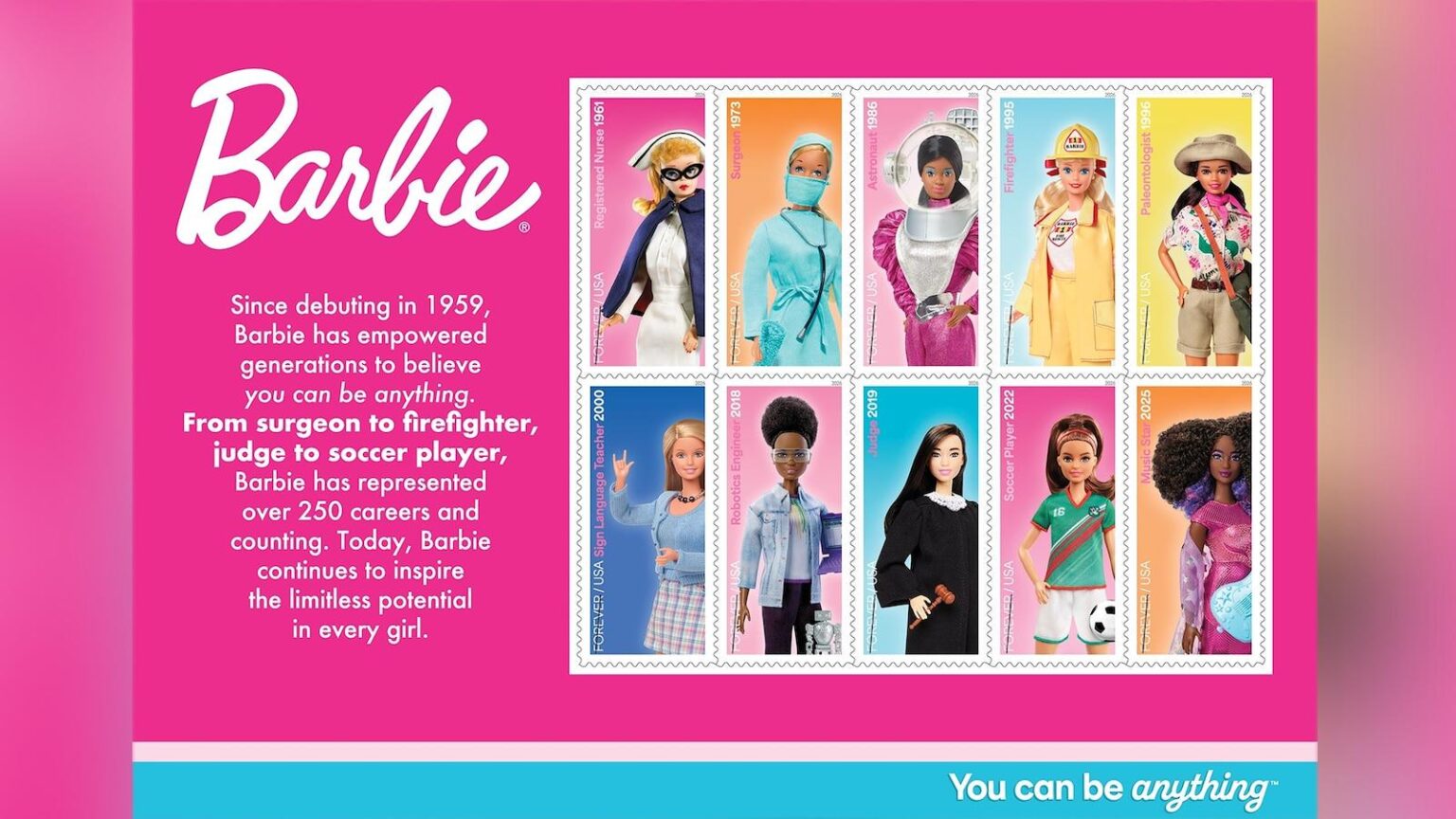 USPS releases 10 new Barbie stamps featuring different occupations