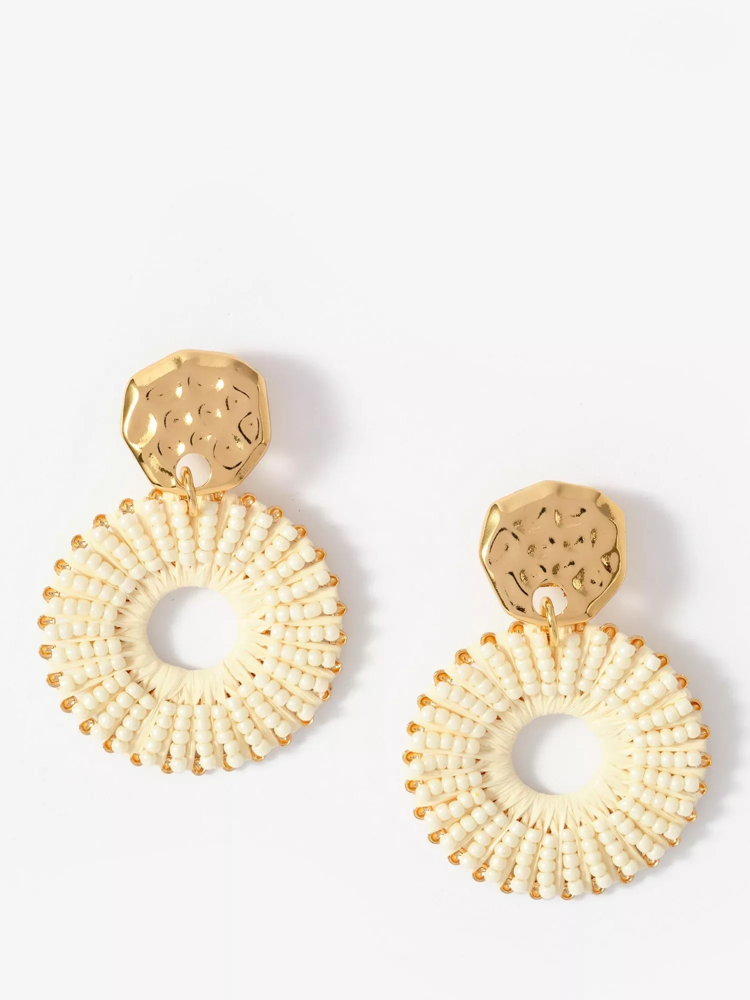 Mint Velvet Statement Raffia Hoop Earrings, Gold/cream