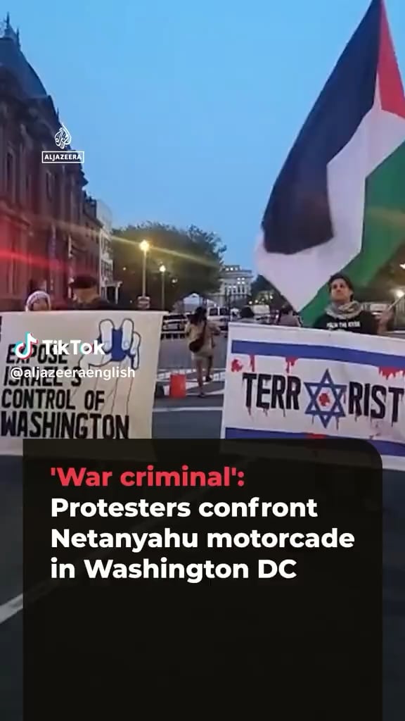 Protesters confronted Benjamin Netanyahu’s motorcade waving Palestinian flags and calling for his arrest, as the Israeli PM arrived in Washington DC to “Palestinian human rights matter too” and “Expose Israel’s control of Washington” signs