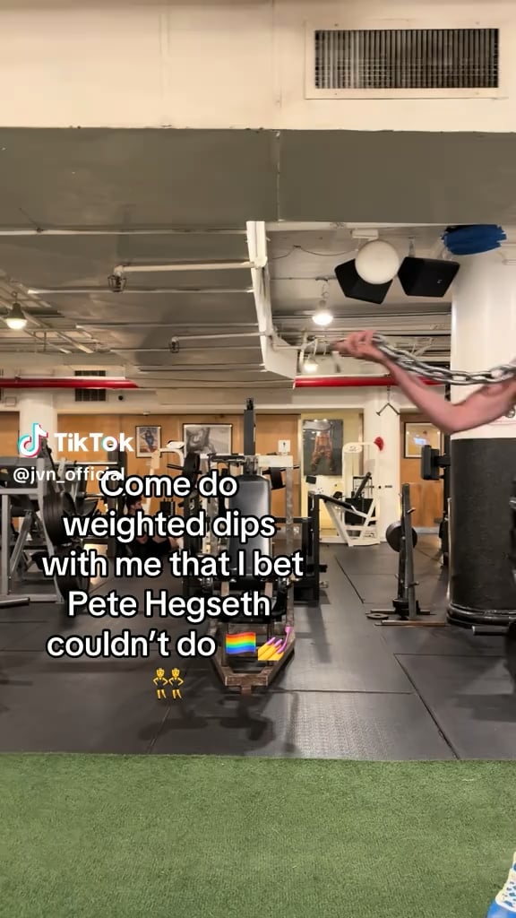Jonathan van Ness posts “Come do weighted dips with me that I bet Pete Hegseth couldn’t do 🏳️‍🌈💅👯‍♀️”