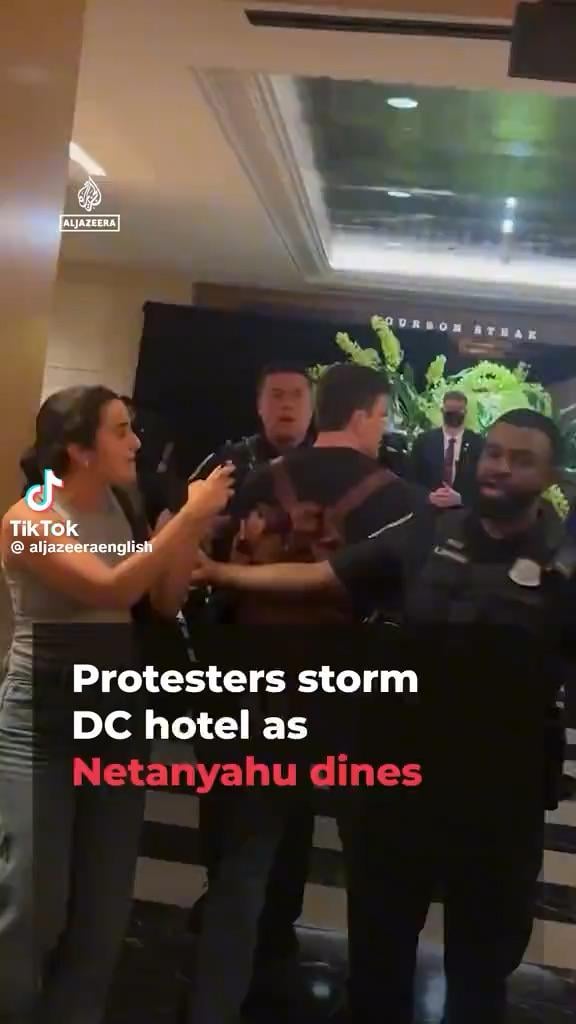 ‘Bibi, Bibi, you can’t hide! You’re committing genocide.’ Activists protested at a hotel where Israeli Prime Minister Benjamin Netanyahu was having dinner in Washington, DC.