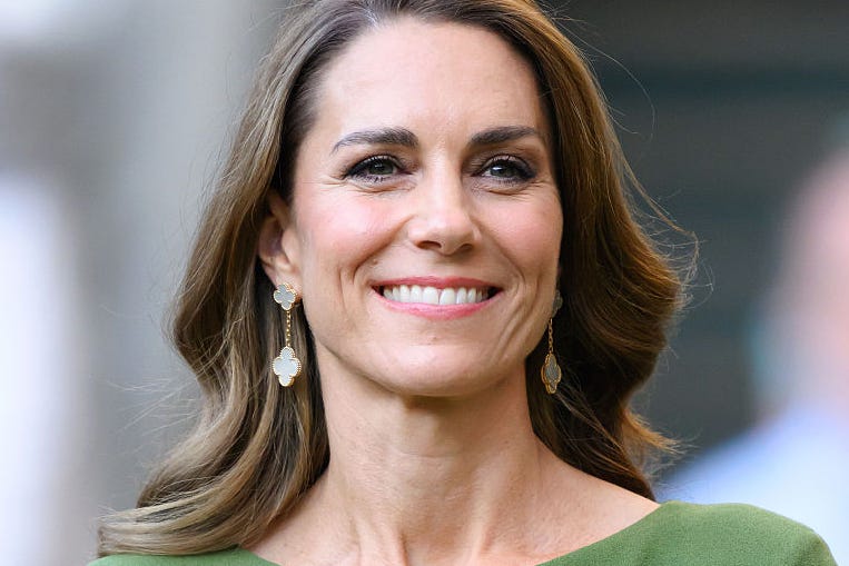 london, england july 12: catherine, princess of wales smiles ahead of the trophy presentation as she attends day fourteen of the 2026 wimbledon tennis championships at all england lawn tennis and croquet club on july 12, 2026 in london, england. (photo by karwai tang/wireimage)
