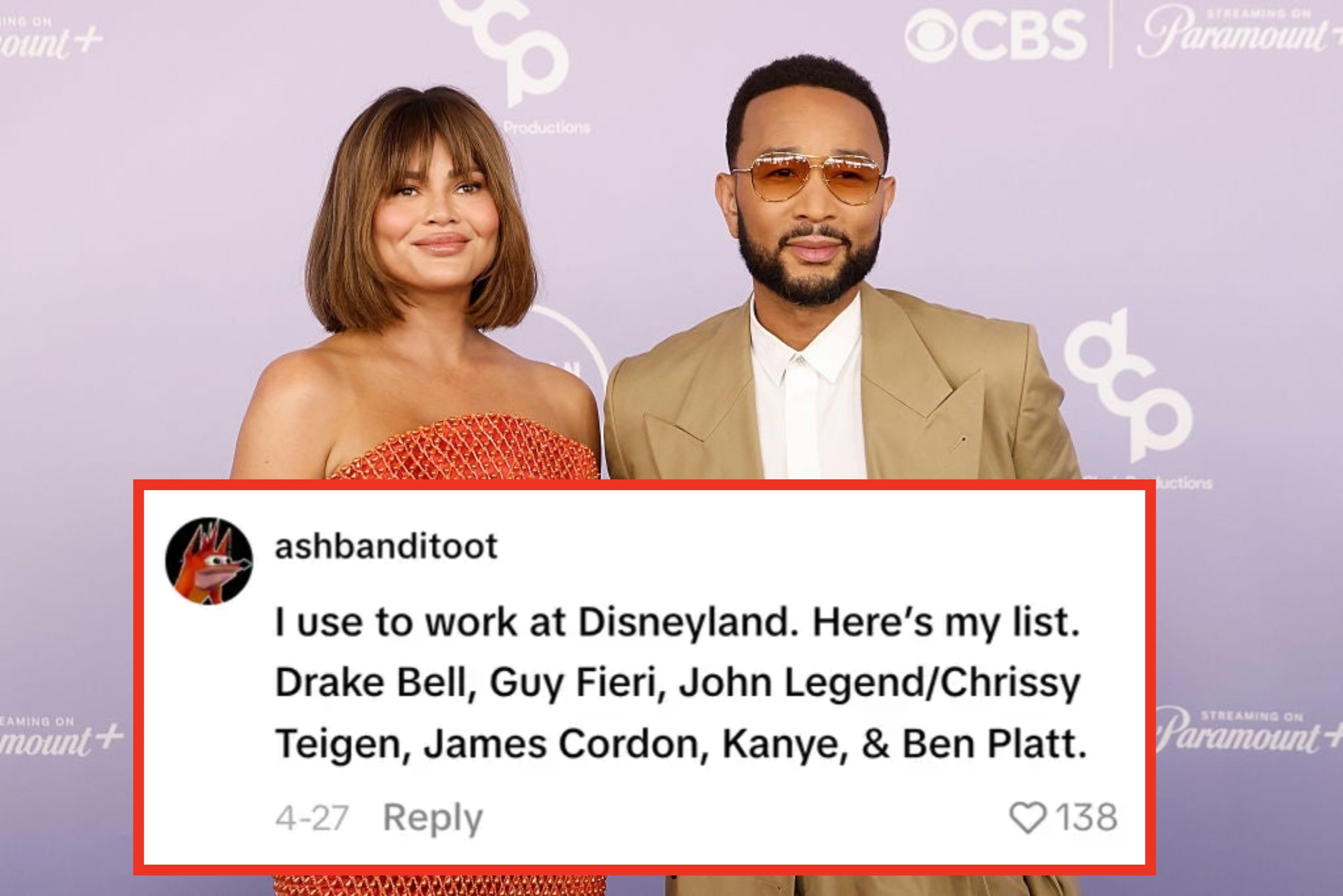Two celebrities posing together; one in a strapless textured gown, the other in a tailored tan suit with sunglasses