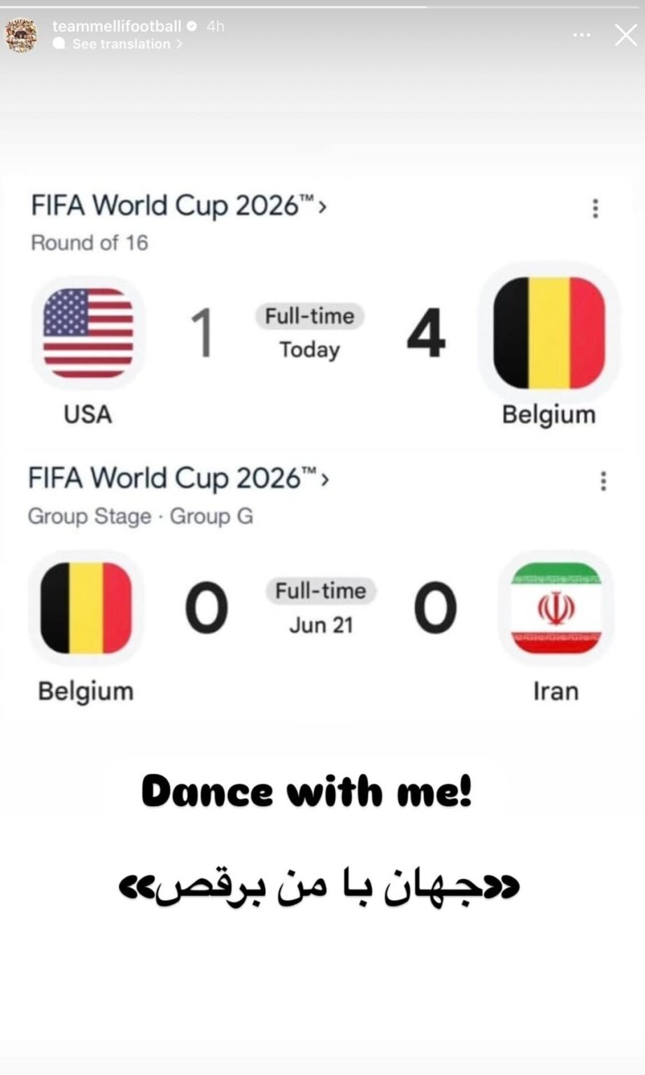 Iran National Football team's official handle mocks team USA getting knocked out by Belgium in the World Cup [via Instagram story]