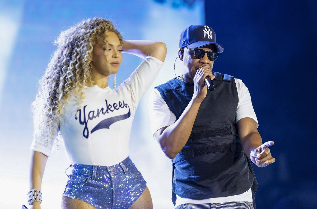 Beyoncé on stage with Jay-Z as he delivered a career-spanning hometown spectacle during his "Extra Innings" concert at Yankee Stadium