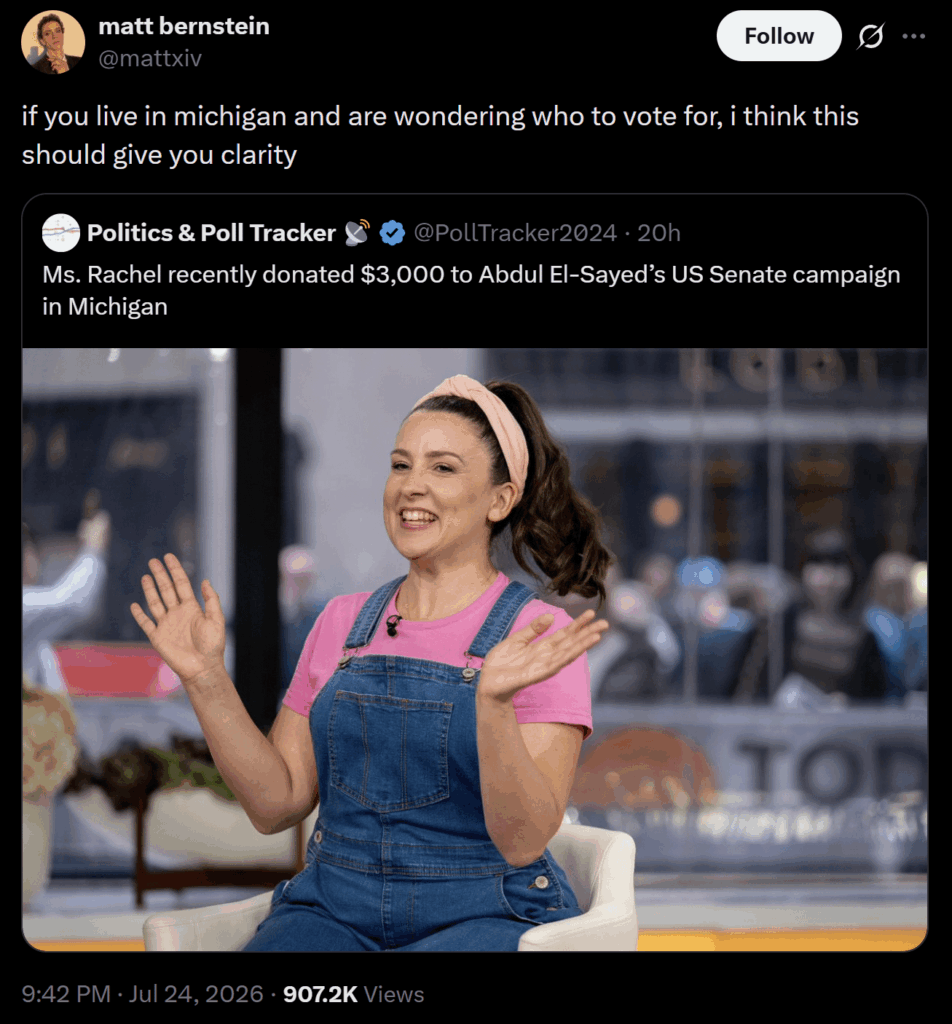 Ms. Rachel donates $3,000 to Abdul El-Sayed’s US Senate campaign in Michigan