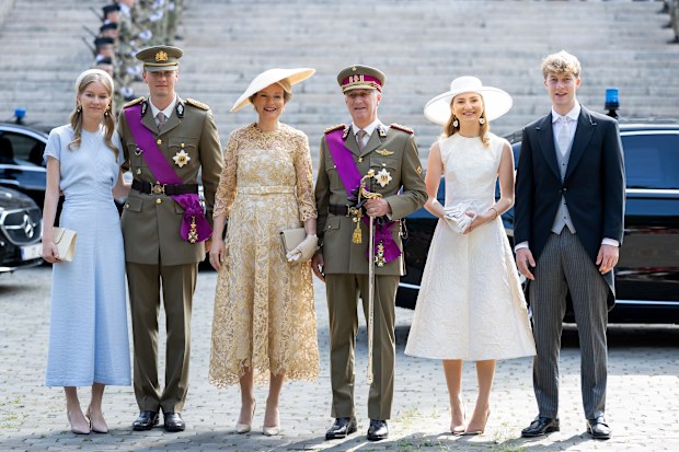 (L-R) Princess Eléonore of Belgium, Prince Gabriel of Belgium, Queen Mathilde of Belgium, King Philippe of Belgium, Princess Elisabeth of Belgium and Prince Emmanuel of Belgium leave the Te Deum during the Belgium’s National Day on July 21, 2026 in Brussels