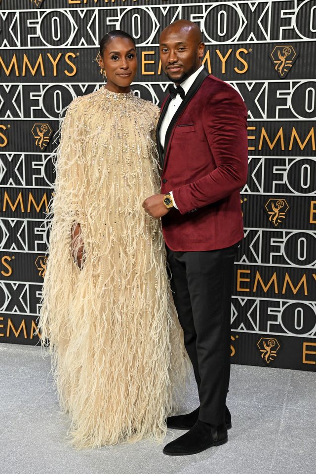 US actress Issa Rae and husband Louis Diame arrives for the 75th Emmy Awards at the Peacock Theatre at L.A. Live in Los Angeles on January 15, 2024.Credit: ROBYN BECK/AFP via Getty Images