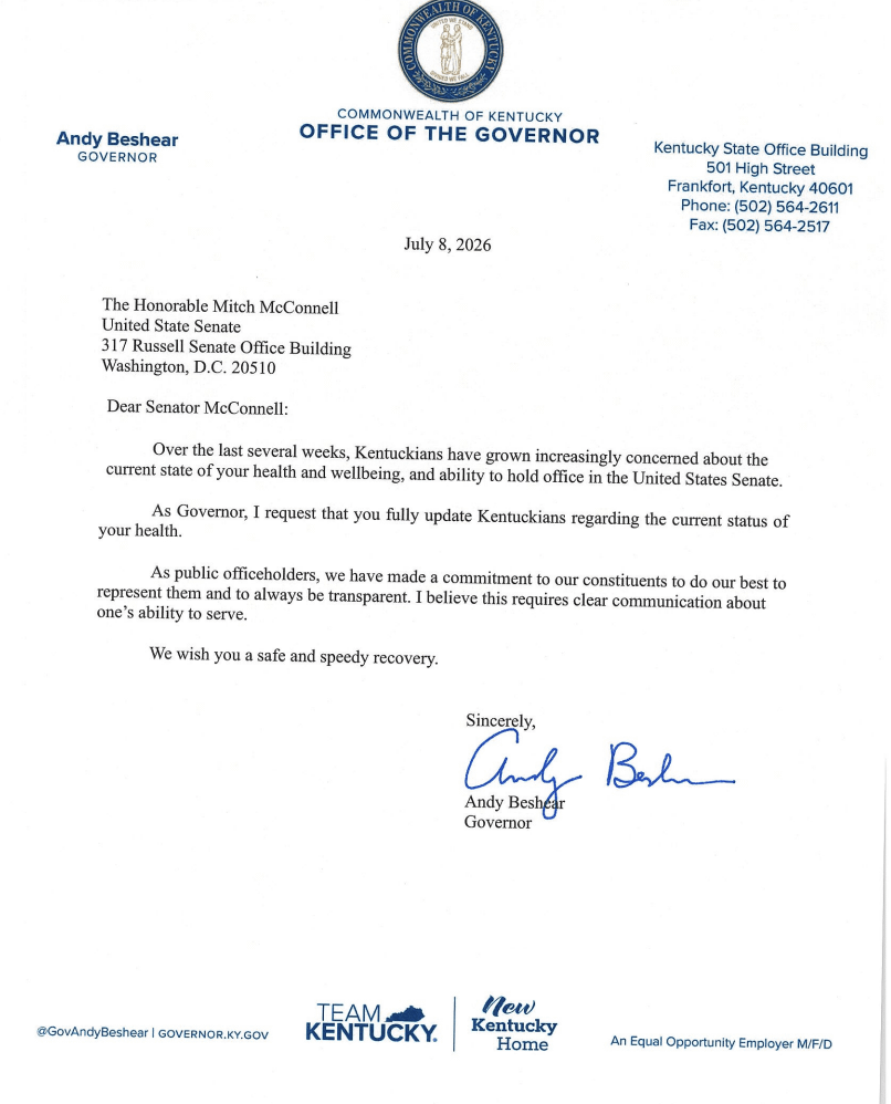 Kentucky Gov Andy Beshear sent a letter to Mitch McConnell saying Kentuckians deserve a legit update on his health