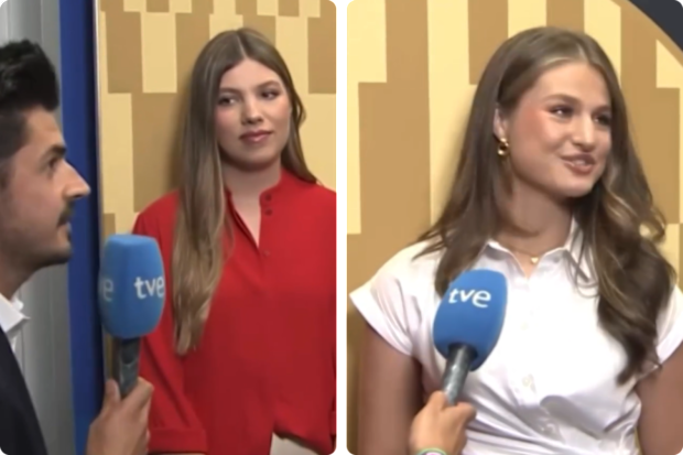 Infanta Sofia and Princess Leonor of Spain speak to Televisión Española at the FIFA World Cup Final match.