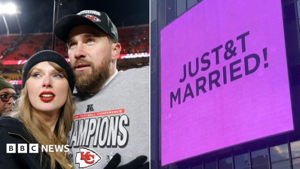 What we know about Taylor Swift and Travis Kelce’s wedding Travis Kelce with both thumbs up sitting on a leather sofa with Adam Sandler, both smiling, on the set of Happy Gilmore 2