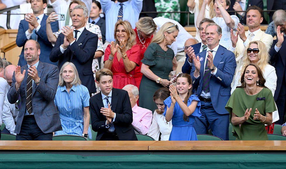london, england july 12: (l r) prince william, prince of wales, prince george of wales, princess charlotte of wales and catherine, princess of wales clap as they attend day fourteen of the 2026 wimbledon tennis championships at the all england lawn tennis and croquet club on july 12, 2026 in london, england. (photo by karwai tang/wireimage)
