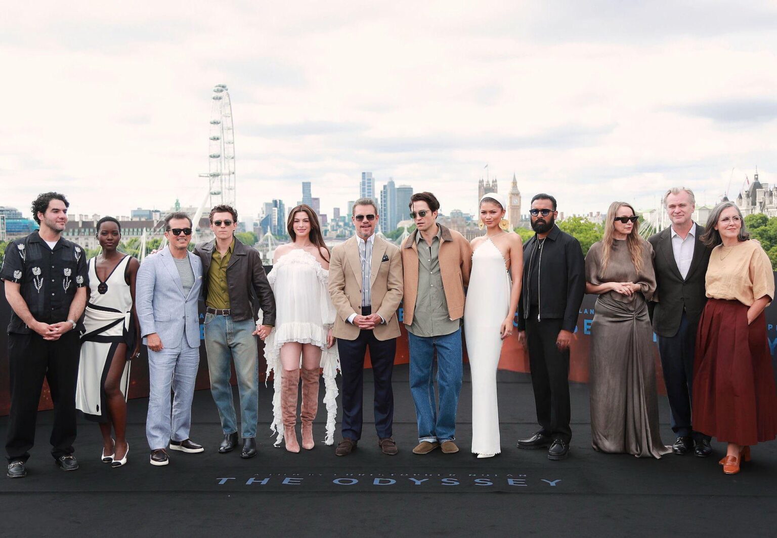 Benny Safdie, Lupita Nyong'o, John Leguizamo, Tom Holland, Anne Hathaway, Matt Damon, Robert Pattinson, Zendaya, Himesh Patel, Samantha Morton, Christopher Nolan and Emma Thomas at ‘THE ODYSSEY’ photocall