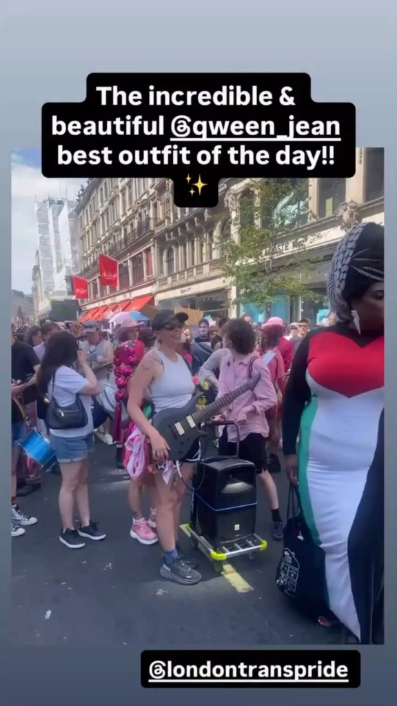 Tony award winning costume designer Qween Jean in a custom Palestinian liberation gown by Aune at London Pride (July 25, 2026)