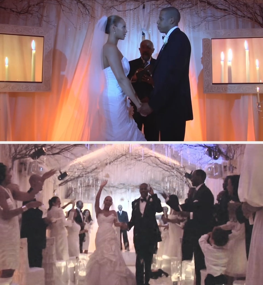 A couple in formal wedding attire exchanges vows on a candlelit stage; guests celebrate their union in an elegant ceremony