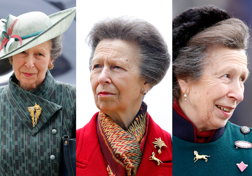 three different brooch styles worn by an elderly woman in various outfits.