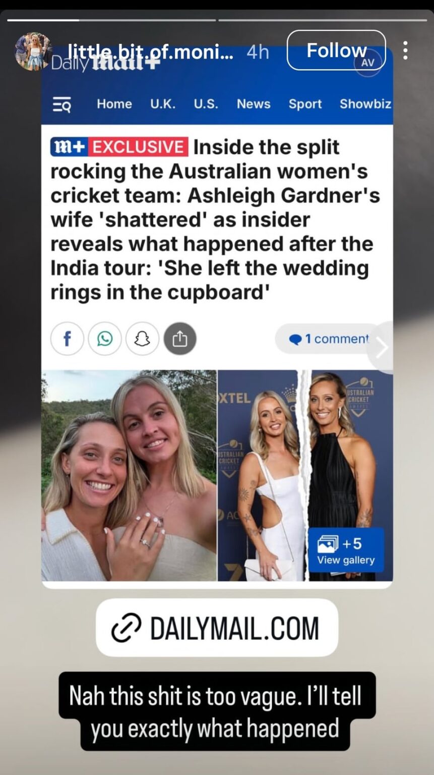 Ashleigh Gardner's (Australian cricketer) Ex-wife Monica Wright has accused the former of cheating on her with her teammate Georgia voll!!!