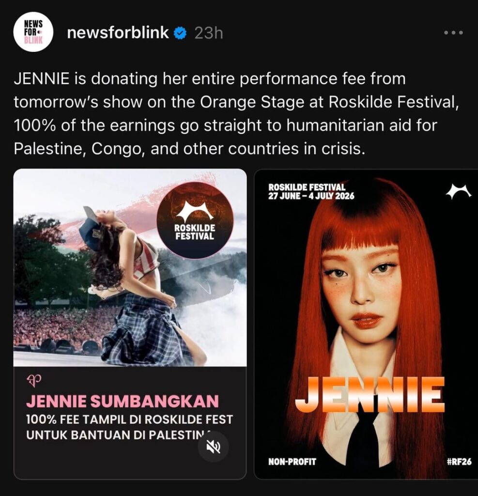 JENNIE will donate her entire performance fee from the non-profit Roskilde Festival to Palestine & Congo