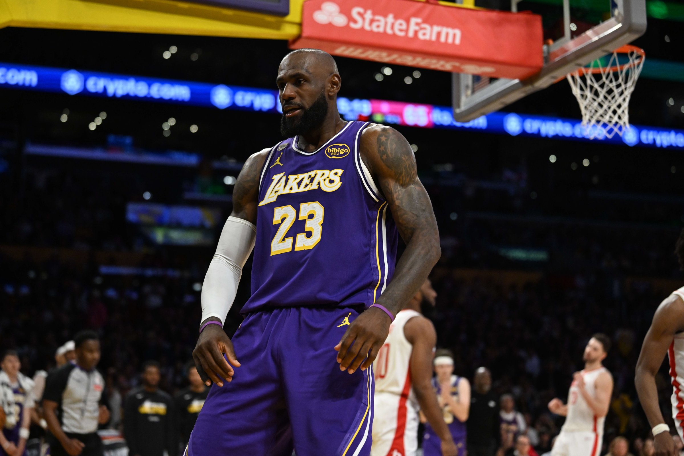 Los Angeles, CA - April 29:  LeBron James #23 of the Los Angeles Lakers reacts foul against the Houston Rockets in the second half of game 5 of a Western Conference first-round NBA playoff basketball 
