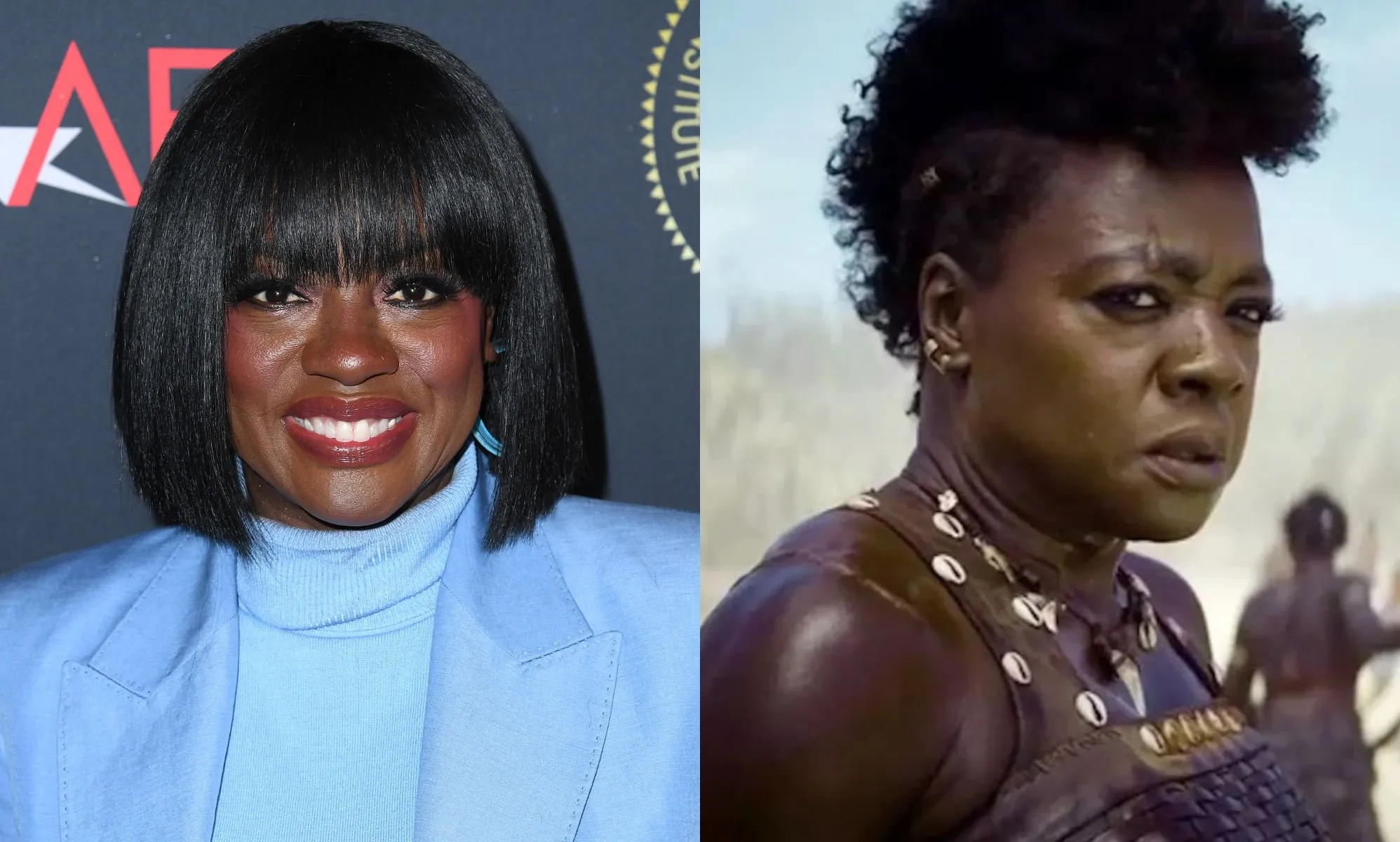 A side by side image of Viola Davis wearing a blue turtleneck and blue jacket on the red carpet at the AFI luncheon next to a screenshot from her movie The Woman King.