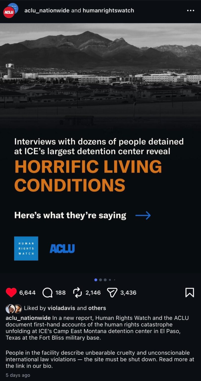 “In a new report, Human Rights Watch and the ACLU document the human rights catastrophe unfolding at ICE's Camp East Montana detention center— the site must be shut down.” The site is currently run by Amentum whose Executive Chair went to the Swift/Kelce wedding.