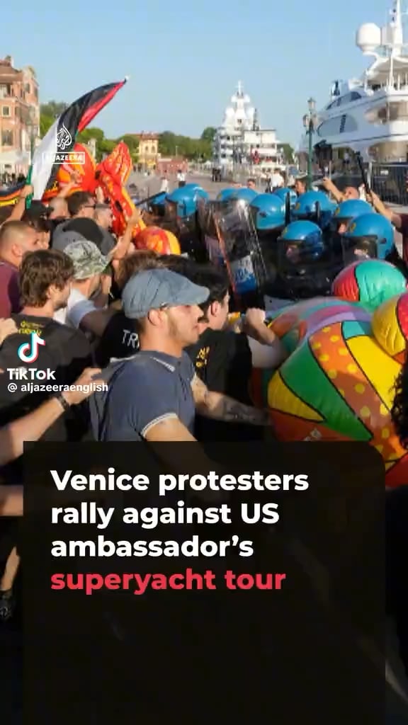 Protesters clashed with police in Venice outside US Ambassador Tilman Fertitta’s superyacht after he arrived as part of his Freedom 250 Coastal Diplomacy Tour of Italy with signs reading ‘Venice is not to be used’ and ‘Make America go away.’ Protesters clashed with police in Venice outside US Ambassador Tilman Fertitta's superyacht after he arrived as part of his Freedom 250 Coastal Diplomacy Tour of Italy with signs reading 'Venice is not to be used' and 'Make America go away.'