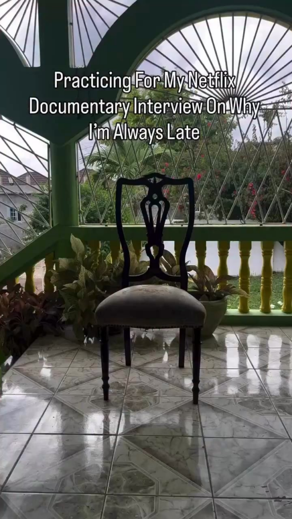 Rihanna posts: Practicing For My Netilix Documentary Interview On Why I’m Always Late (with an empty chair)
