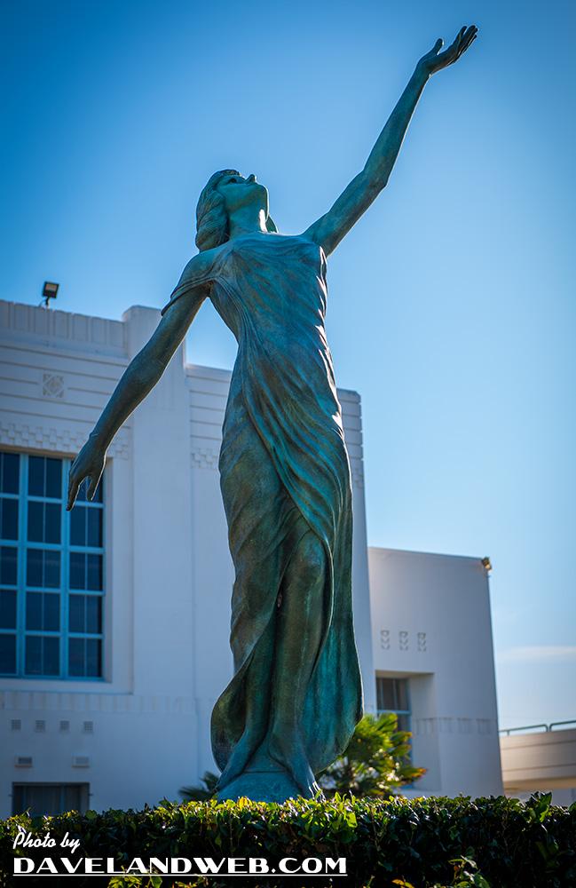 The famous Myrna Loy sculpture, titled Fountain of Education, was sculpted in 1921 by high school art teacher Harry Fielding Winebrenner. He used a teenage student named Myrna Adele Williams as his model, years before she changed her name to Myrna Loy and became a Hollywood superstar