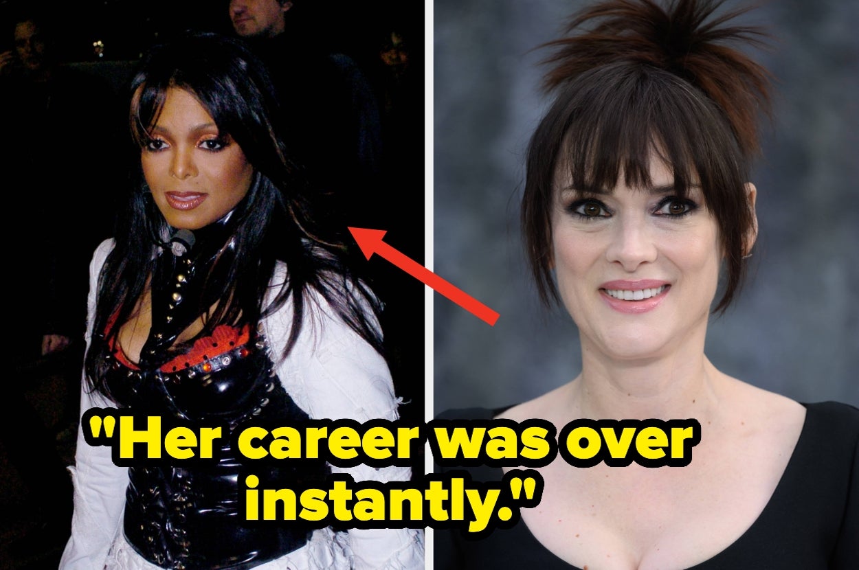 Janet Jackson walking, wearing a distinctive gothic-style outfit with a corset over a distressed long sleeve top