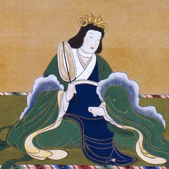 A Japanese-style painting of a historic empress, wearing a green robe and holding a fan.