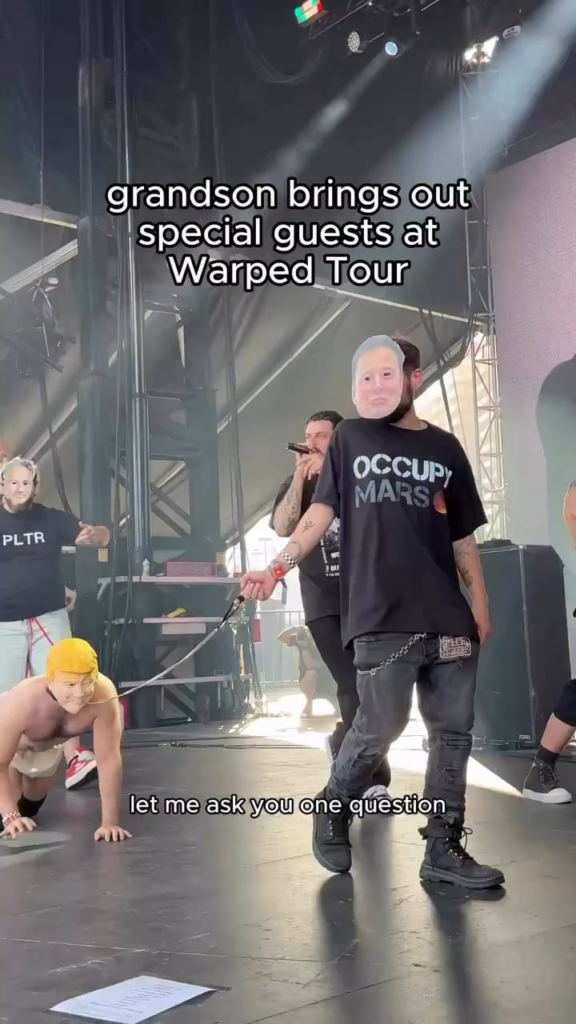 Donald Trump, Elon Musk, Jeff Bezos, and Alex Karp make an appearance as the Masters of War during Grandson’s Warped Tour set