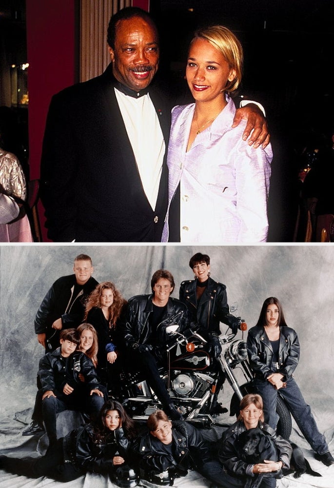 Rashida Jones and Quincy Jones in the '90s; Burton Jenner, Khloe Kardashian, Caitlyn  Jenner, Kris Jenner, Kim Kardashian, Brandon Jenner, Brody Jenner, Kourtney Kardashian, Robert Kardashian, Jr. and Cassandra Jenner