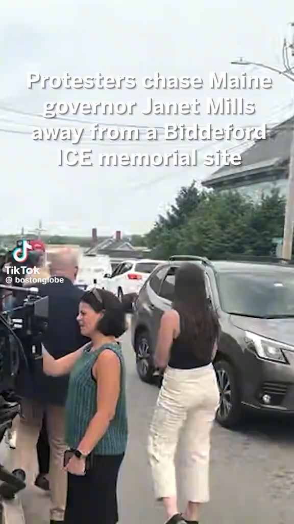 Protestors swarm Maine Governor Janet Mills away from a memorial site for Johan Sebastián Durán Guerrero who was shot and killed by an ICE agent in Biddeford, Maine accusing her of failing to protect Maine residents.