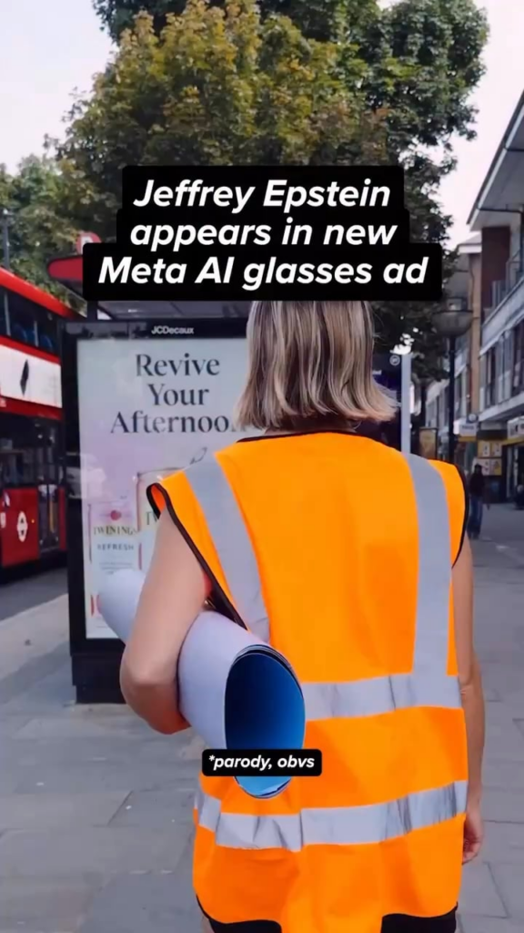 Jeffrey Epstein appears in new Meta Al glasses protest ad “Glasses for people who don't do consent”