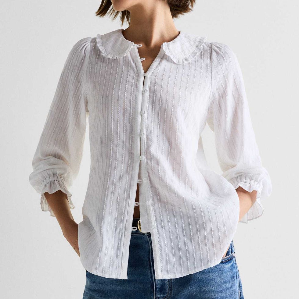 Embroidered Cotton Ruffle Collar Long Sleeve Blouse