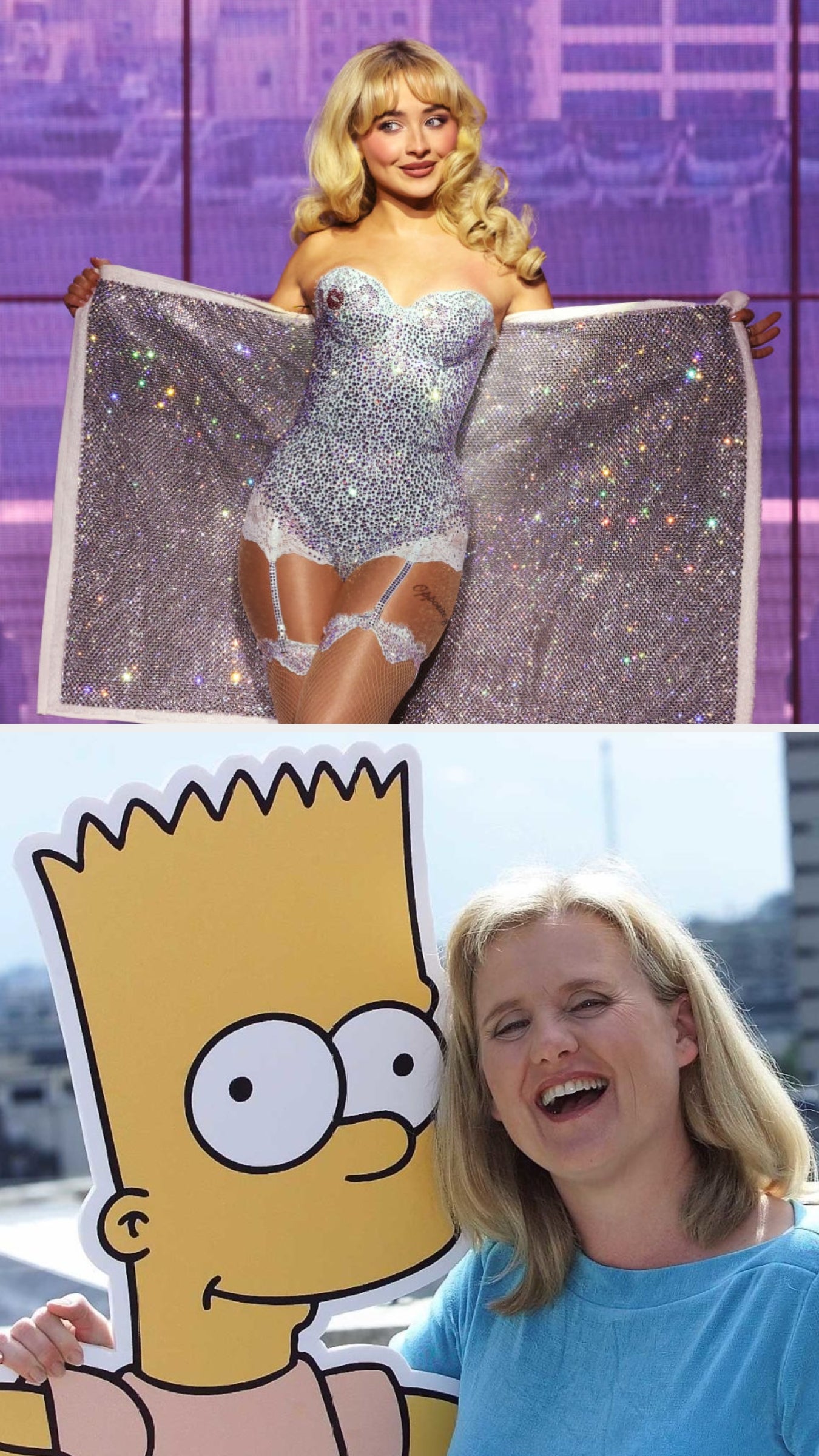 Sabrina Carpenter in 2024; Nancy Cartwright in 2000