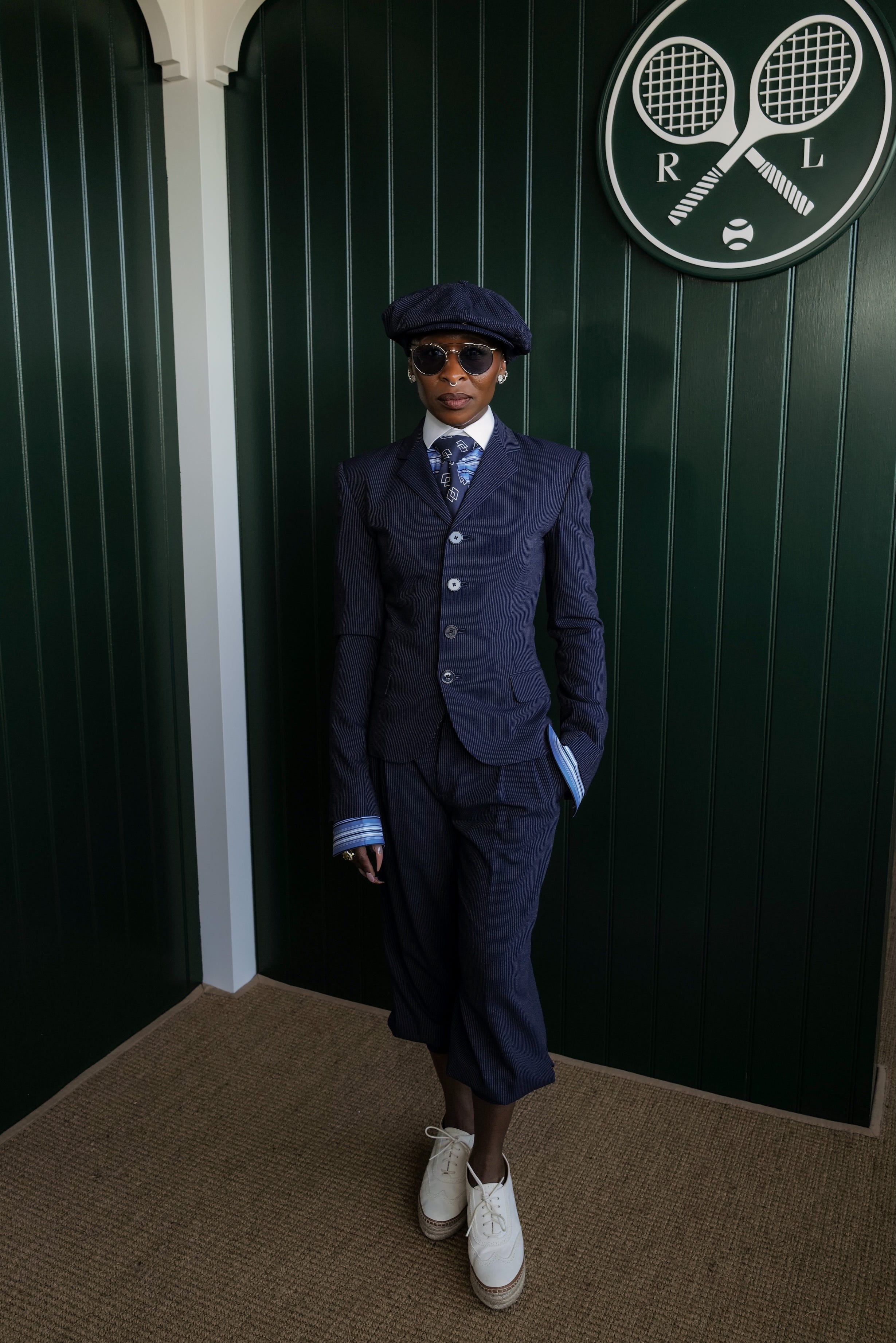 london, england july 12: cynthia erivo, wearing ralph lauren, attends the ralph lauren suite during the championships, wimbledon at all england lawn tennis and croquet club on july 12, 2026 in london, england. (photo by darren gerrish/wireimage for ralph lauren)
